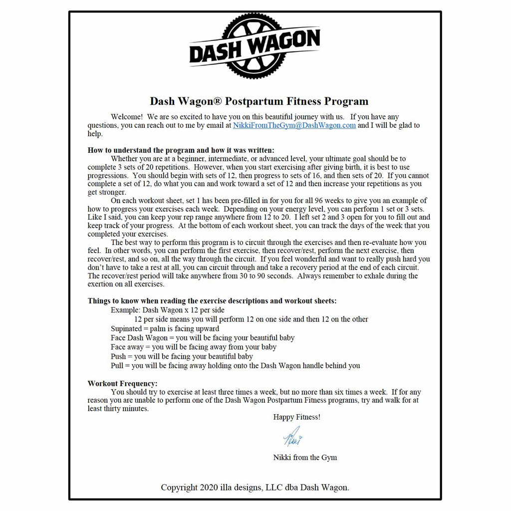 Dash Wagon Postpartum Fitness Program Journal